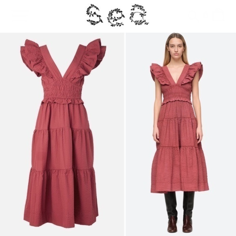 SEA Sevyn Tiered Seersucker Midi Dress sz 6 375$ NWT